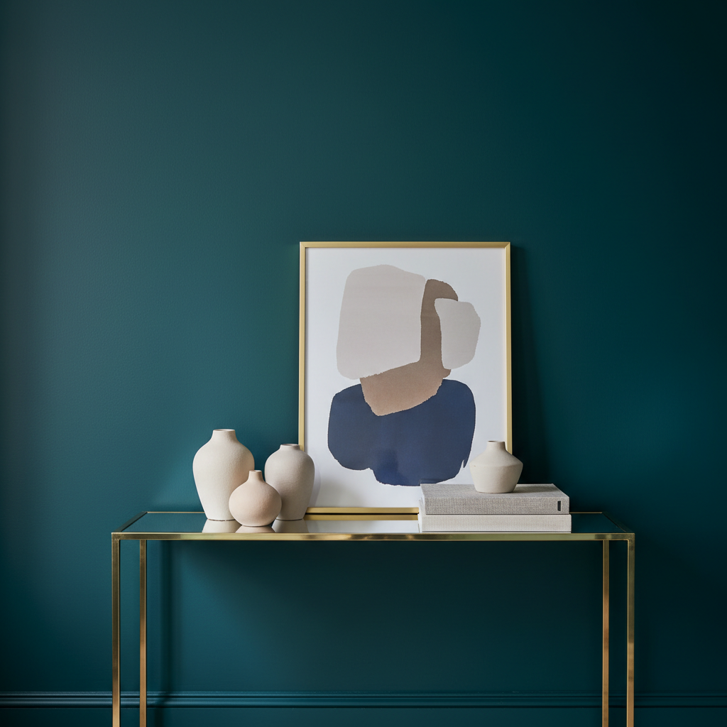 A carefully curated interior styling vignette in a Central London apartment, featuring a freshly painted deep teal feature wall as backdrop to a slim brass-framed console table with a small arrangement of neutral-toned ceramic vases, a stacked pair of design books, and a framed abstract print leaning casually. The paint finish is velvety and uniform, with light catching the subtle sheen. Soft, indirect natural light from the side creates gentle gradients across the wall, emphasising its richness. Photographic realism, shot straight-on with a centered composition and shallow depth of field that keeps the styling in focus while the edges fall softly away. The mood is calm, modern, and sophisticated, conveying interior styling expertise paired with immaculate decorative finishes.