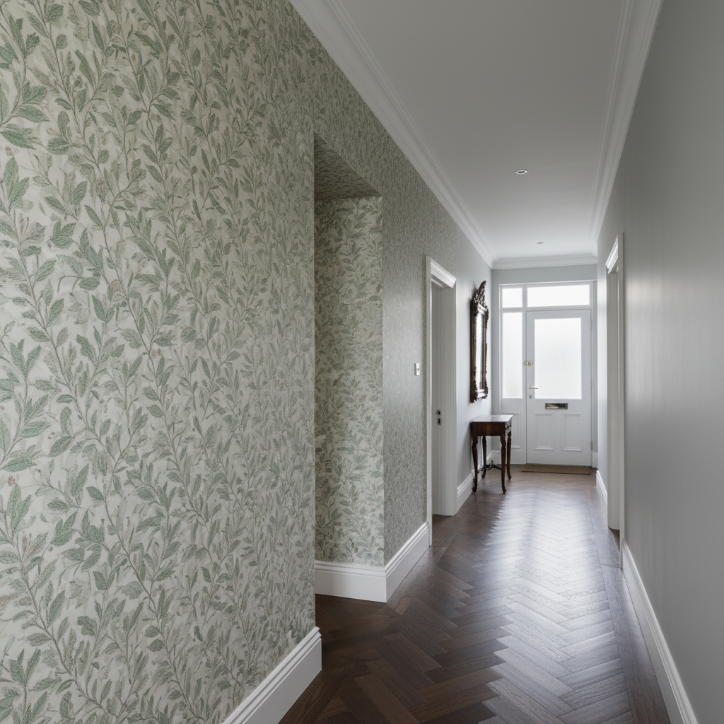 An elegant hallway in a classic Central London townhouse, featuring a meticulously hung statement wallpaper along one side and a flawlessly painted soft-grey wall opposite. The wallpaper shows a subtle, textured botanical pattern aligned perfectly at the seams, wrapping cleanly around a sharp internal corner and meeting pristine white coving and skirting. Natural overcast daylight filters in from a frosted glass front door, creating a gentle, even illumination that highlights texture without glare. Photographic realism from a slightly elevated angle looking down the corridor, with leading lines drawing the eye towards the vanishing point. The mood is refined and sophisticated, conveying meticulous wallpapering skill and professional attention to detail for premium decorating work.