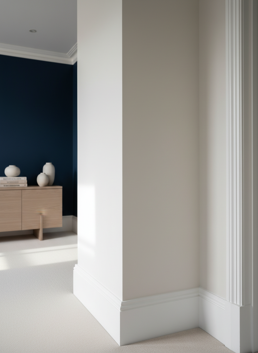 A freshly painted Central London living room interior showcasing impeccably smooth, matte off-white walls with razor-sharp cut lines against a deep navy feature wall. Detailed close-up of the flawless finish where wall meets crisp white skirting and perfectly painted door frame, highlighting expert brushwork and roller texture. The room features a minimalist oak console, styled with a few neutral ceramics and art books. Soft, diffused daylight enters from an unseen window, casting gentle shadows that emphasize the evenness of the paint. Photographic realism, shot at eye level with a slight angle along the wall, sharp focus on the paint finish with a subtly blurred background, creating a calm, professional, high-end decorating mood suited to an expert painting and fine finishes brand.