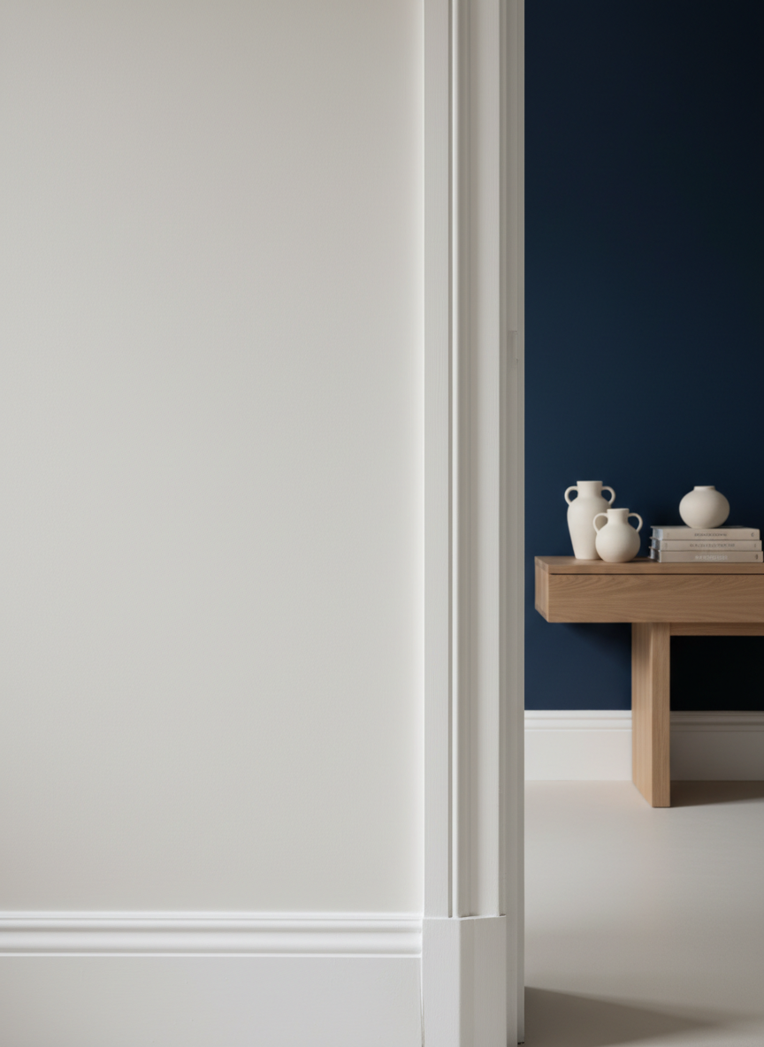 A freshly painted Central London living room interior showcasing impeccably smooth, matte off-white walls with razor-sharp cut lines against a deep navy feature wall. Detailed close-up of the flawless finish where wall meets crisp white skirting and perfectly painted door frame, highlighting expert brushwork and roller texture. The room features a minimalist oak console, styled with a few neutral ceramics and art books. Soft, diffused daylight enters from an unseen window, casting gentle shadows that emphasize the evenness of the paint. Photographic realism, shot at eye level with a slight angle along the wall, sharp focus on the paint finish with a subtly blurred background, creating a calm, professional, high-end decorating mood suited to an expert painting and fine finishes brand.