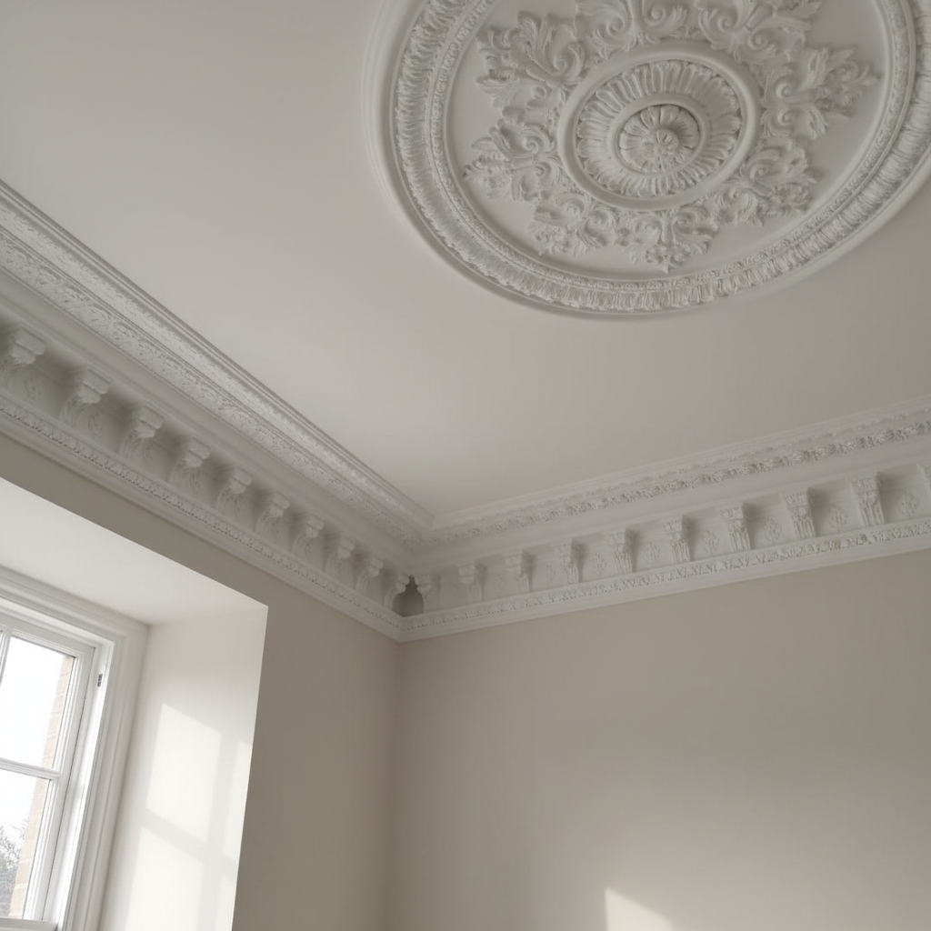 A close-up, highly detailed view of an ornate period ceiling rose and surrounding coving in a Central London flat, freshly repainted in flawless, soft eggshell white. The image captures the crisp definition of the plaster detailing, with no paint drips or clogging, and razor-clean edges where ceiling meets a subtly contrasting warm white wall. Gentle morning daylight from a nearby sash window casts delicate shadows into the moulding recesses, revealing depth and craftsmanship. Photographic realism, shot from a low upward angle, with a tight composition that fills the frame with decorative detail. The mood is quietly luxurious and meticulous, highlighting fine finishing skills, heritage property sensitivity, and expert decorative painting suitable for high-end homes.