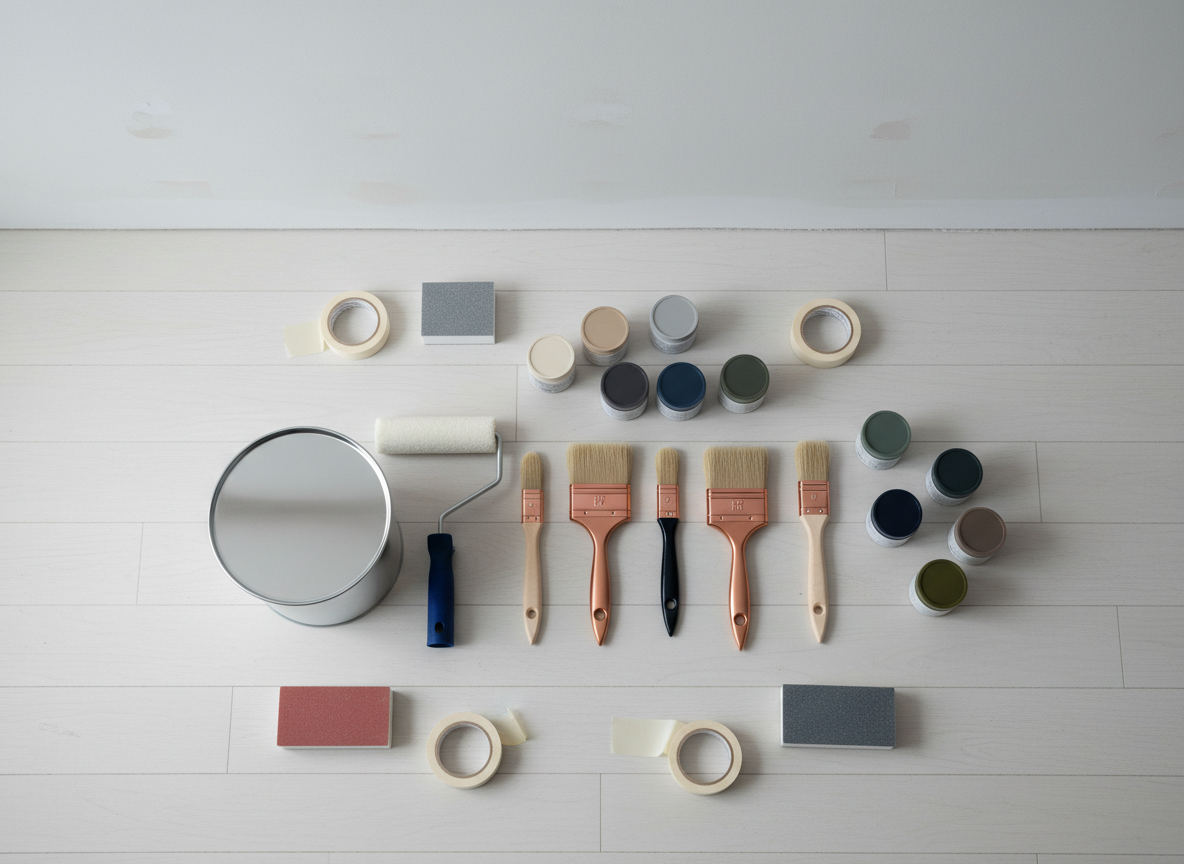 A professional painter’s toolkit neatly laid out on a clean, pale wooden floor, ready for a Central London project. High-end brushes with pristine bristles, a stainless steel roller frame with quality sleeve, a metal paint kettle with a smooth, drip-free rim, sample pots in harmonious neutral and deep accent tones, delicate masking tape, and fine-grit sanding blocks, all arranged with precise order. In the background, a perfectly prepared wall shows minor filling and sanding work, awaiting primer. Cool, diffused daylight from an unseen window illuminates everything evenly, creating soft shadows and subtle reflections on metallic surfaces. Photographic realism, shot from a slightly elevated top-down angle with sharp focus throughout. The mood is organised, meticulous, and reassuringly professional, communicating craftsmanship and care before any paint touches the wall.
